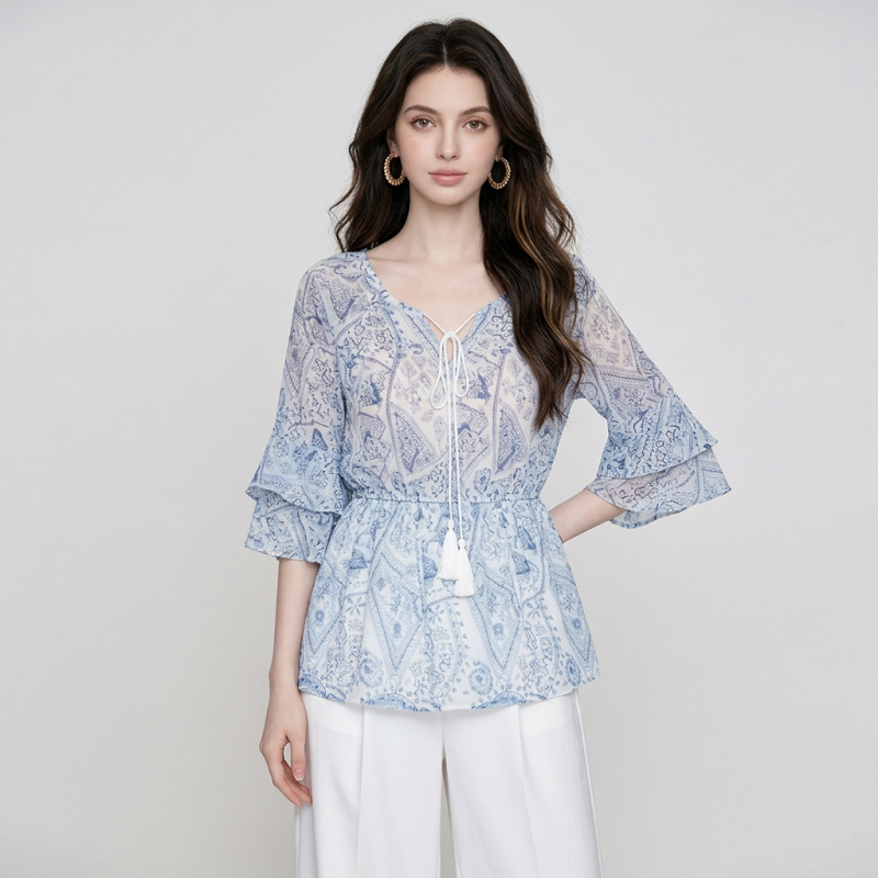 Printed Tie-waist Chiffon Shirt