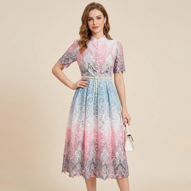 Hollow-out Lace Printed Long Dress