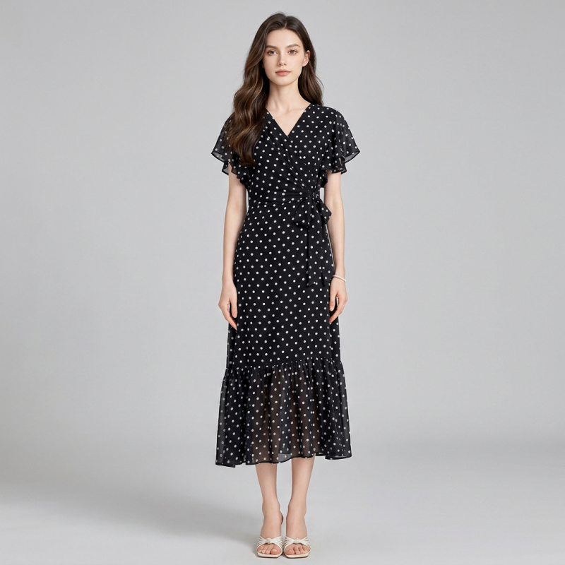 Elegant V-neck Polka Dot Dress