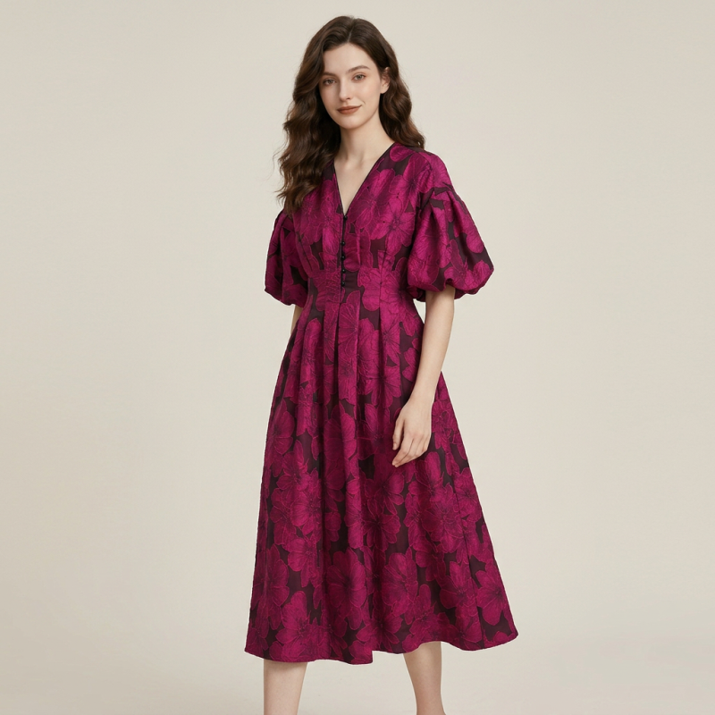 Puff-sleeved Jacquard Maxi Dress