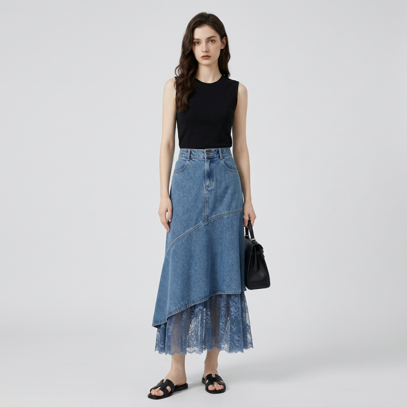 Fashionable Lace Denim Maxi Skirt