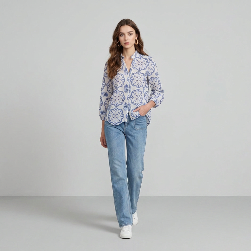 Patterned Stand-up Collar Button-down Top