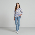 Patterned Stand-up Collar Button-down Top