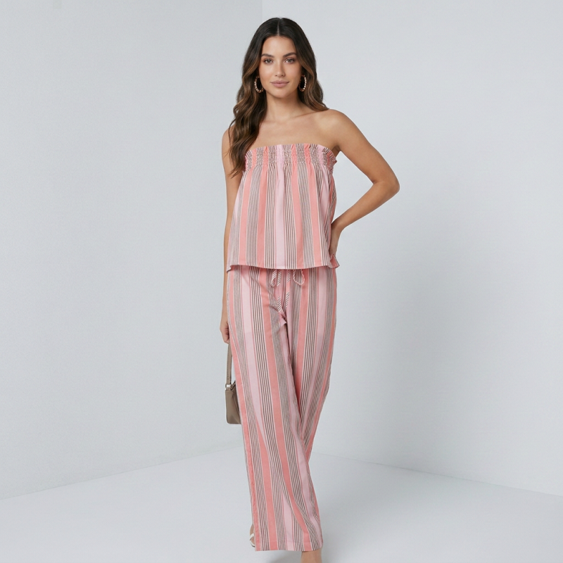 Vertical Striped Strapless Top Set