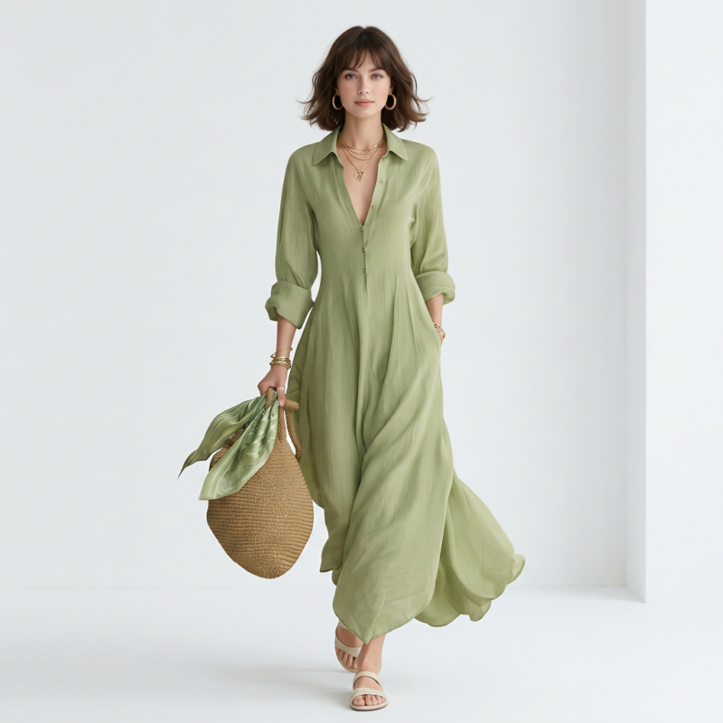 Stylish Lapel Maxi Dress
