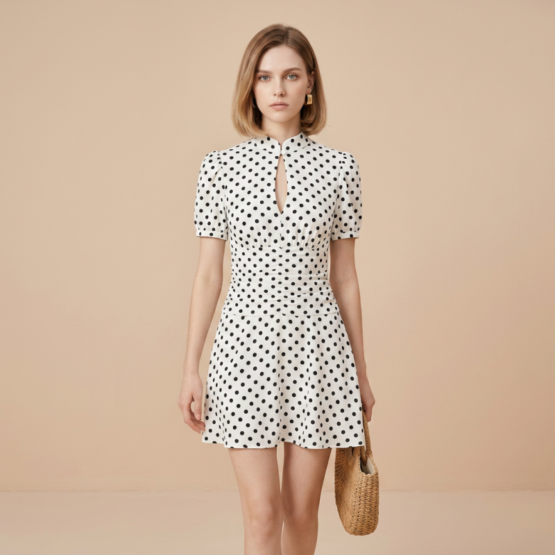 Polka Dot Stand-up Collar Cutout Fitted Dress