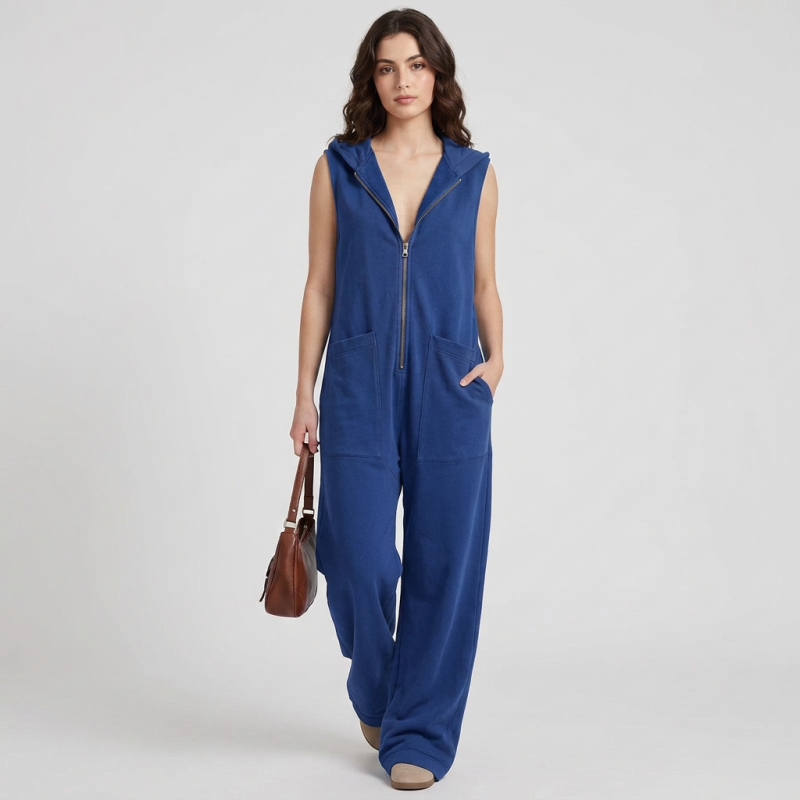 Hooded V-neck Zip-up Jumpsuit