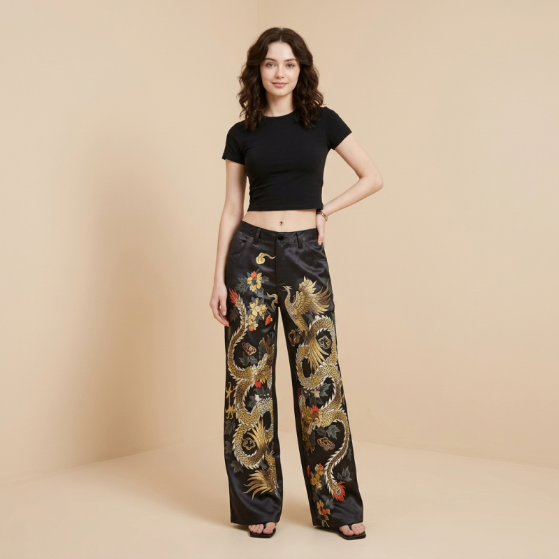 Retro Dragon And Phoenix Print Wide-leg Pants