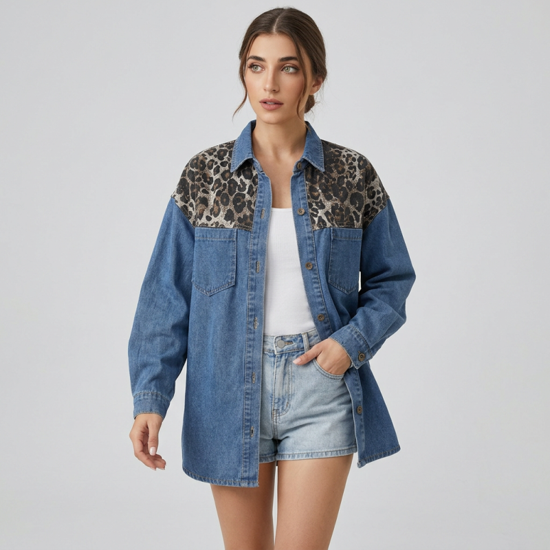 Leopard Print Patchwork Denim Shirt
