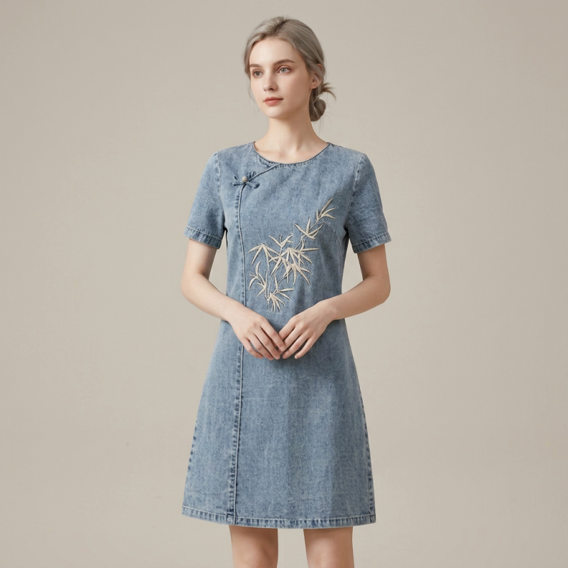 Embroidered Denim Dress