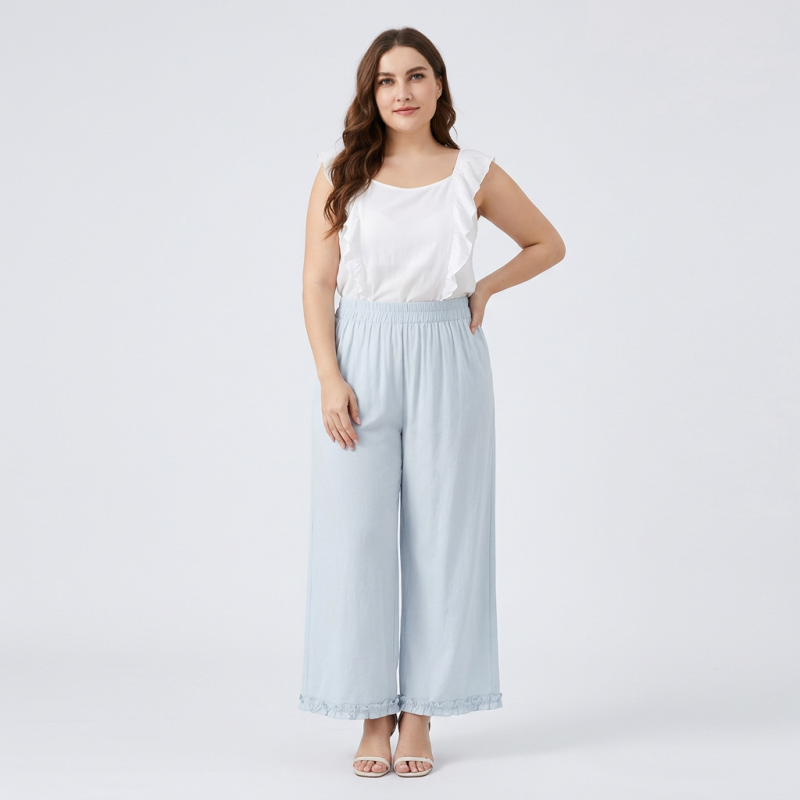 Straight-leg Casual Pants With Ruffled Trim