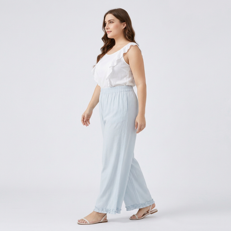 Straight-leg Casual Pants With Ruffled Trim