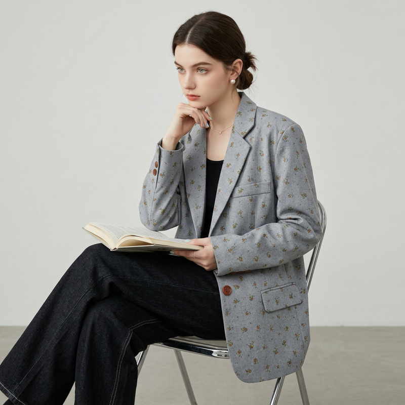 Gray Floral Suit Jacket