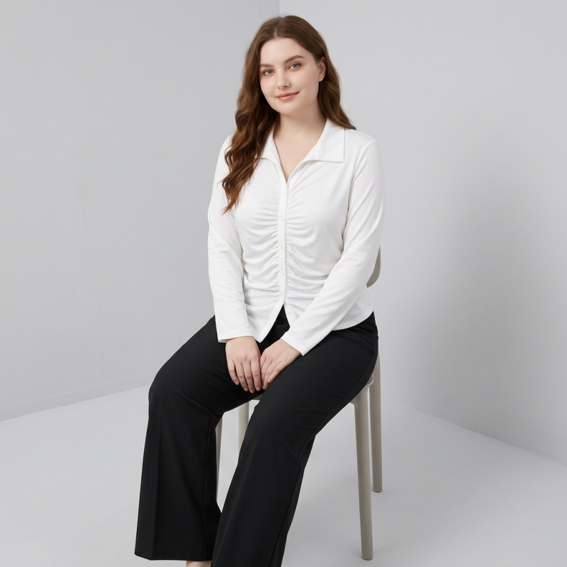 Plus-size Collared Pleated Top