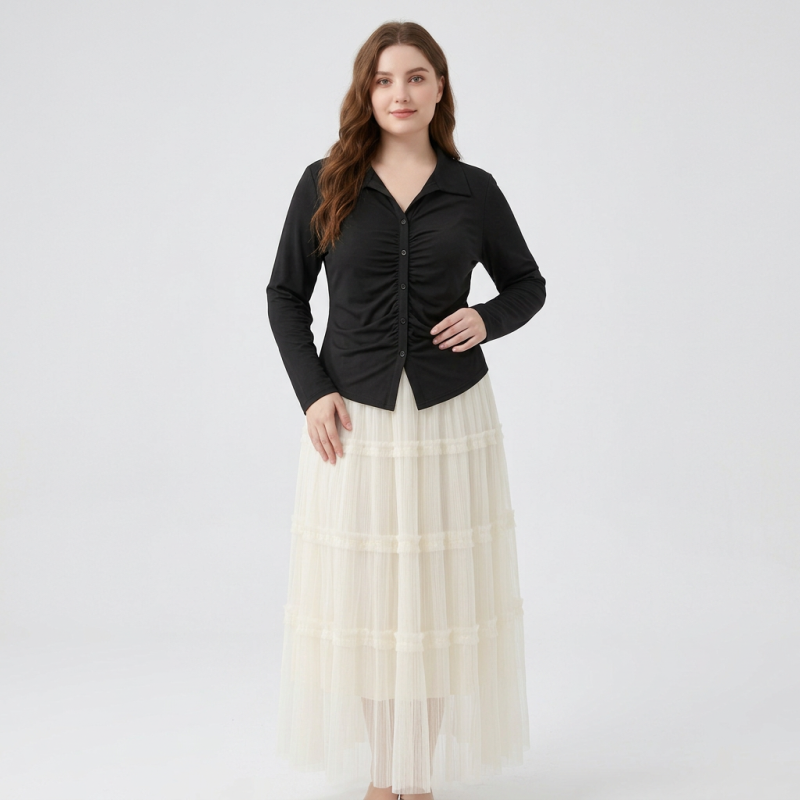Plus-size Collared Pleated Top