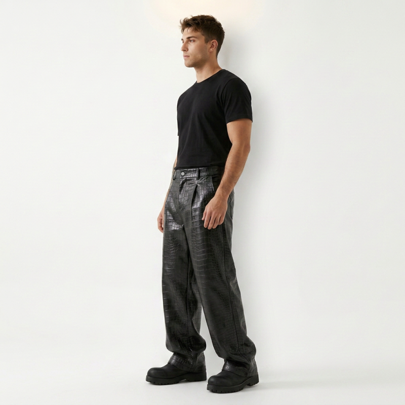 Crocodile-print Wide-leg Leather Pants
