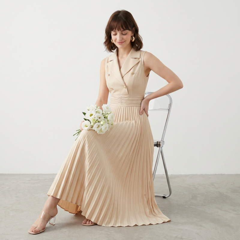 Suit Collar Pleated Dress