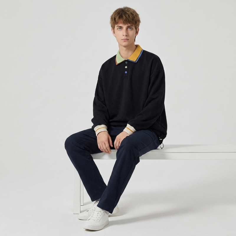 American-style Color-blocked Collared Sweatshirt