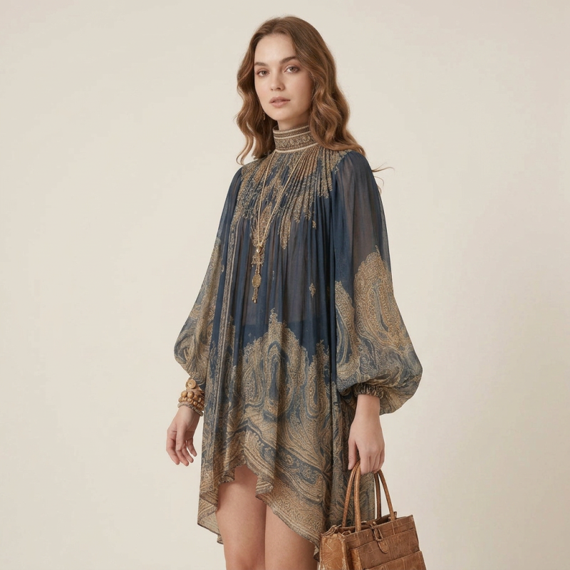 High-necked Shawl Printed Dress