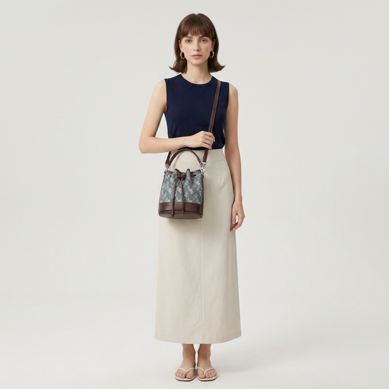 Drawstring Print Bucket Bag
