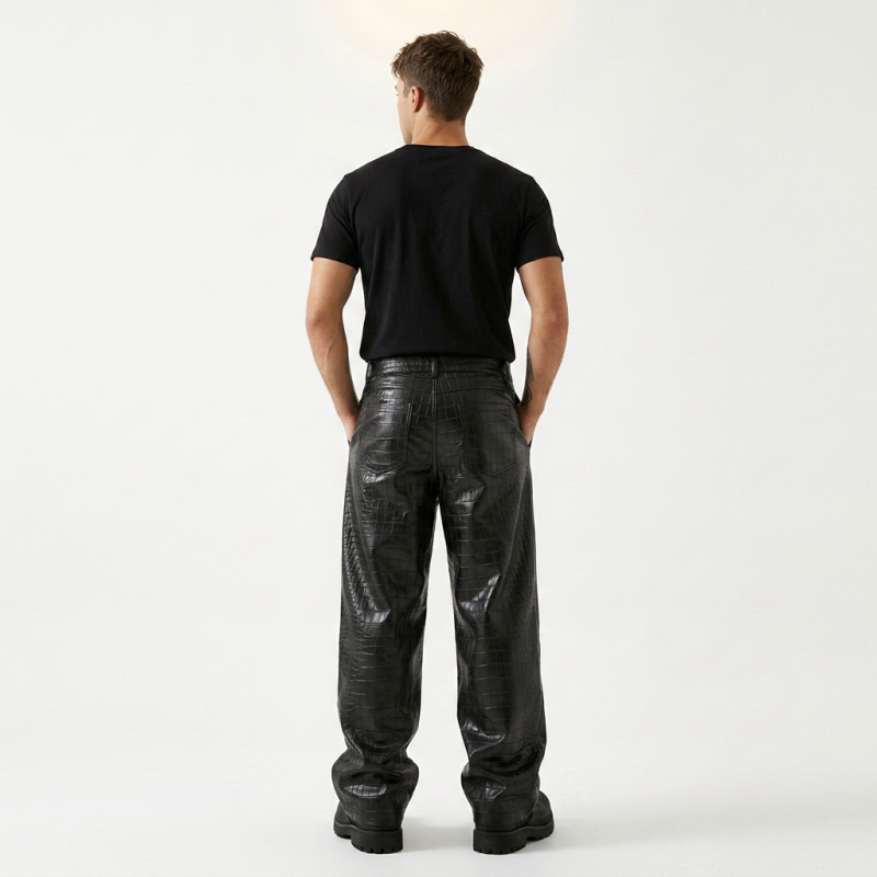 Crocodile-print Wide-leg Leather Pants