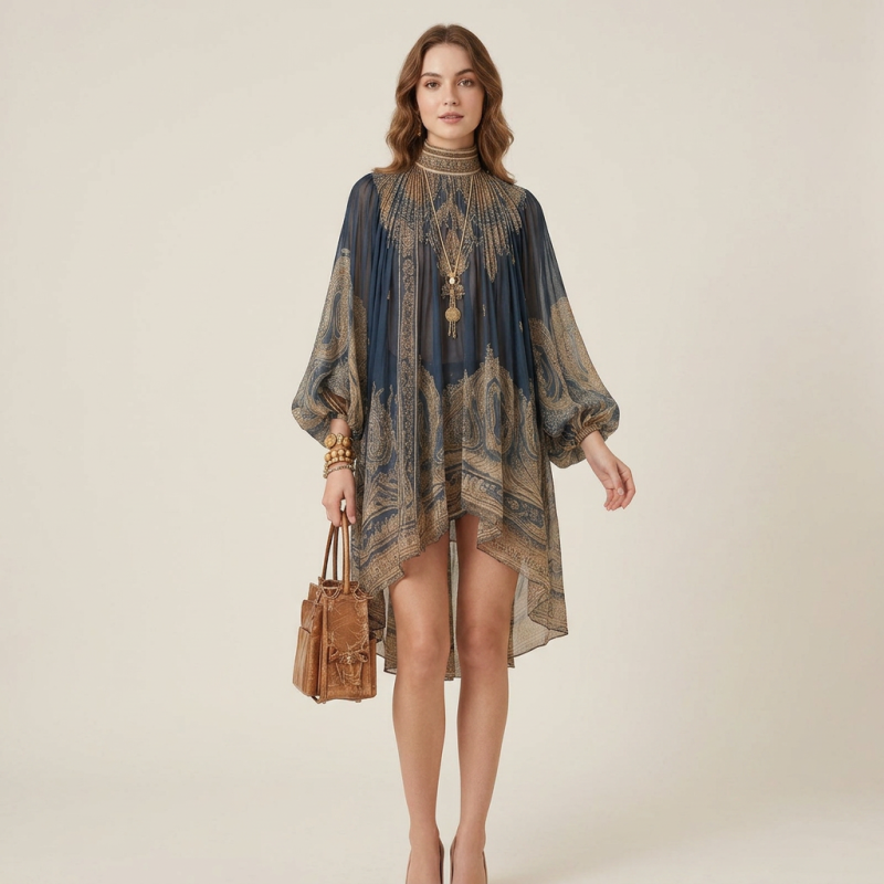 High-necked Shawl Printed Dress