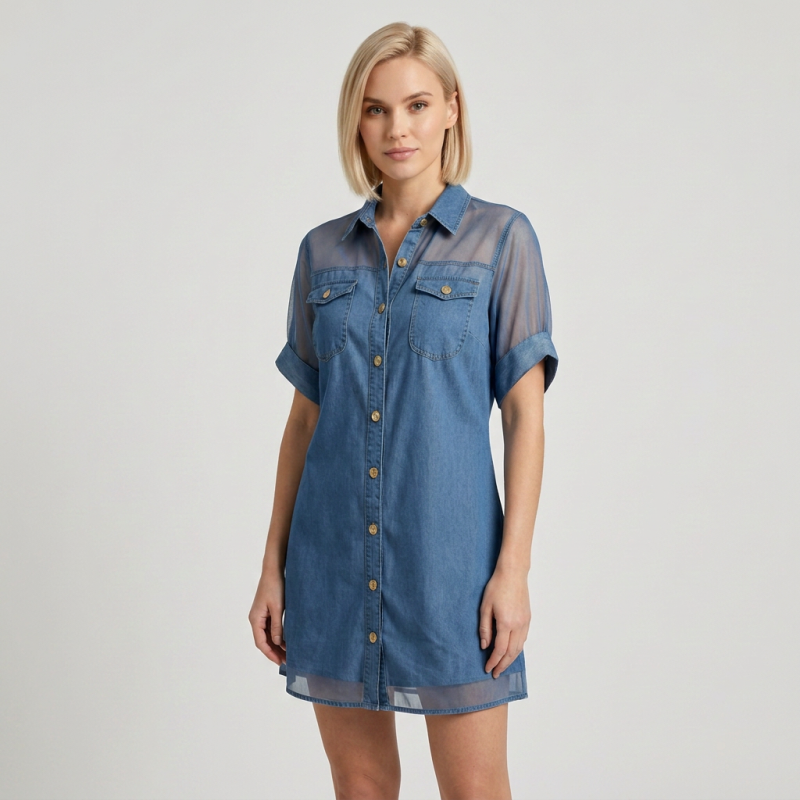 Fashionable Mesh Patchwork Shirt Dress